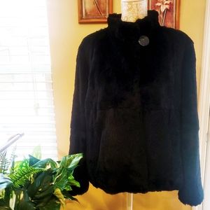 Vintage Mandarin Stand Up Collar Black Rabbit Fur Jacket/Coat with Pockets